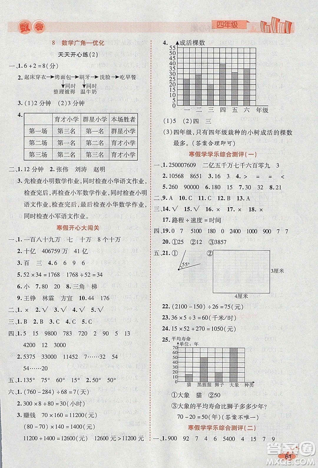 2020年全能測控寒假開心果四年級數(shù)學RJ人教版參考答案
