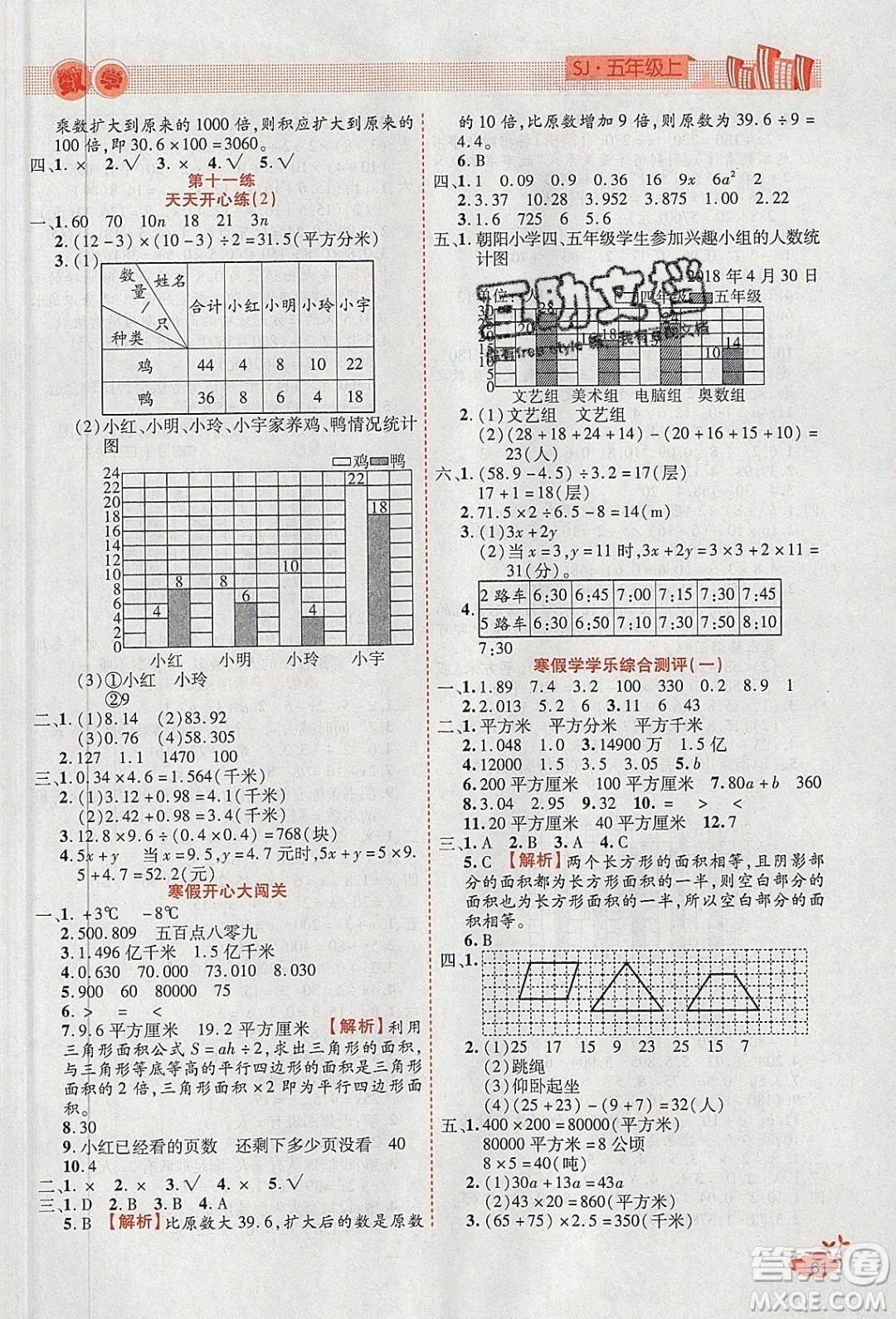 2020年全能測(cè)控寒假開(kāi)心果五年級(jí)數(shù)學(xué)SJ蘇教版參考答案