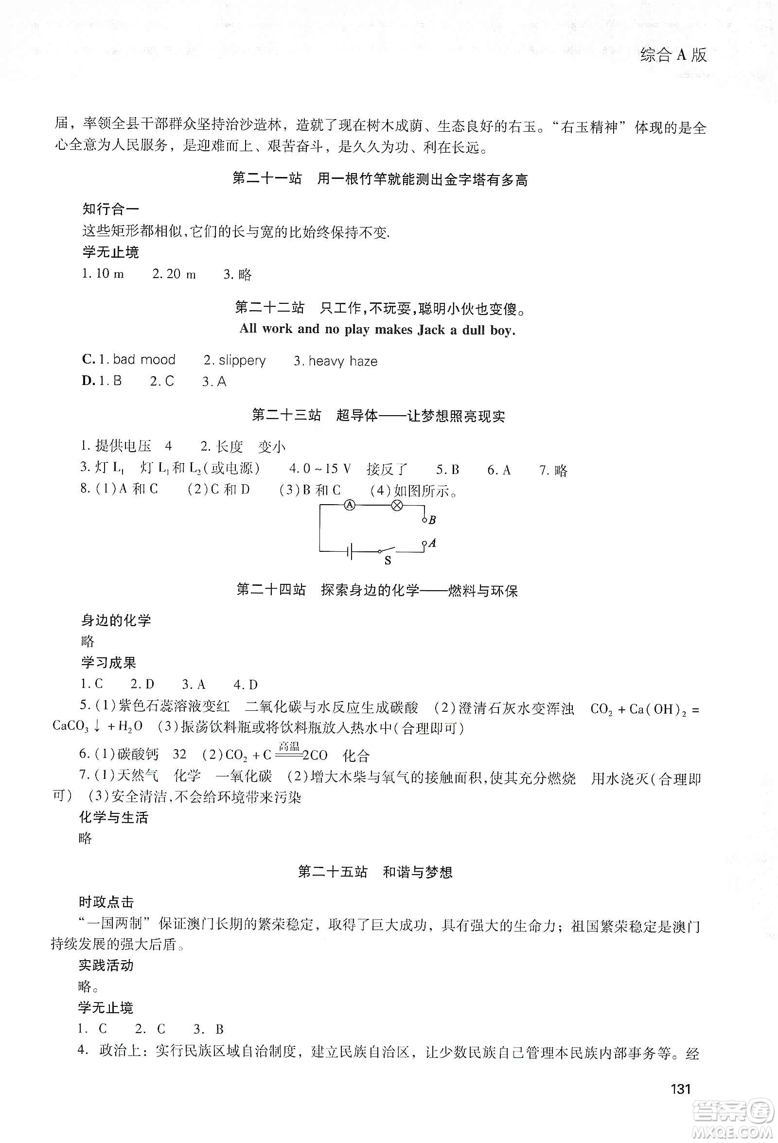 2020新課程寒假作業(yè)本九年級綜合A版答案