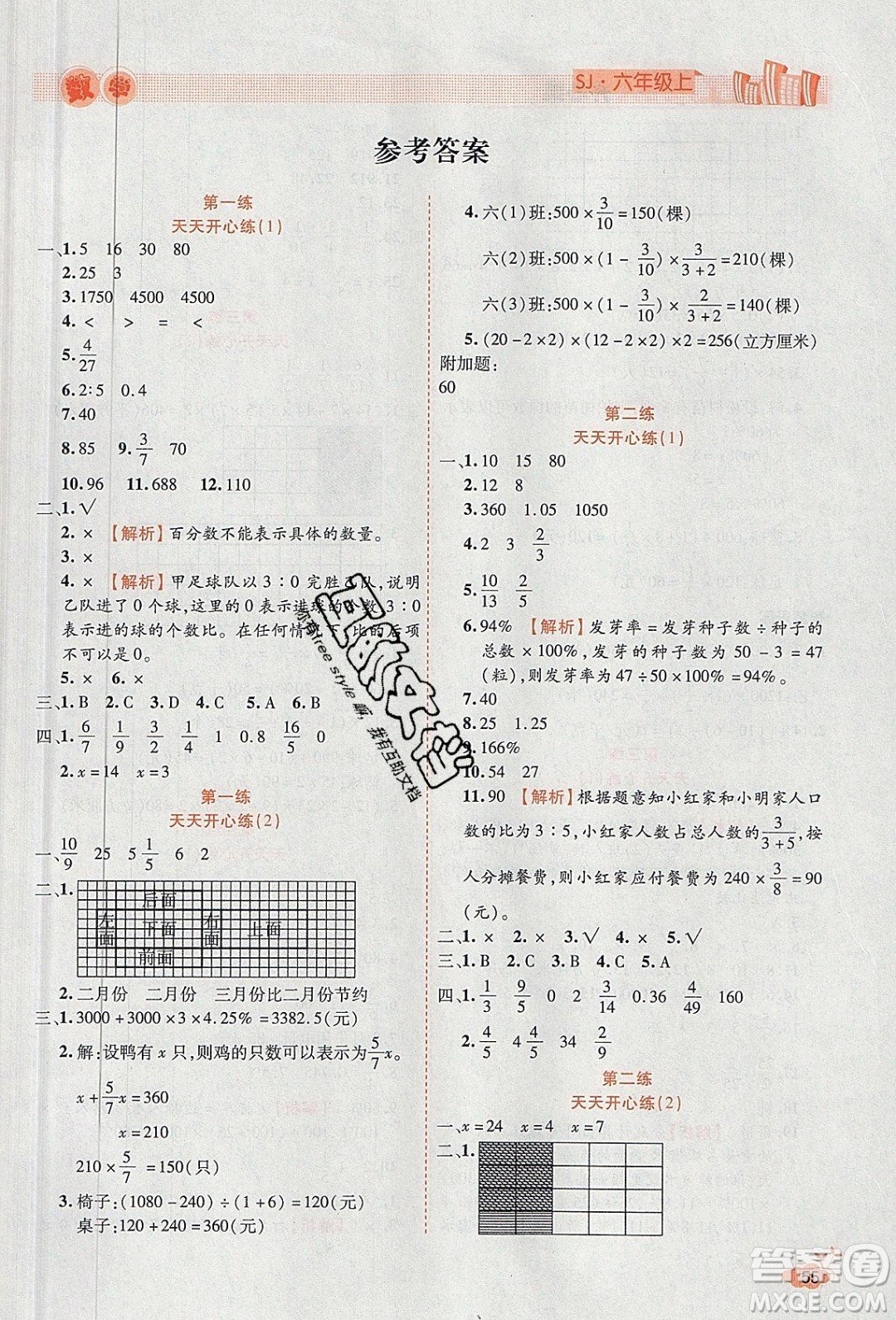 2020年全能測(cè)控寒假開(kāi)心果六年級(jí)數(shù)學(xué)SJ蘇教版參考答案
