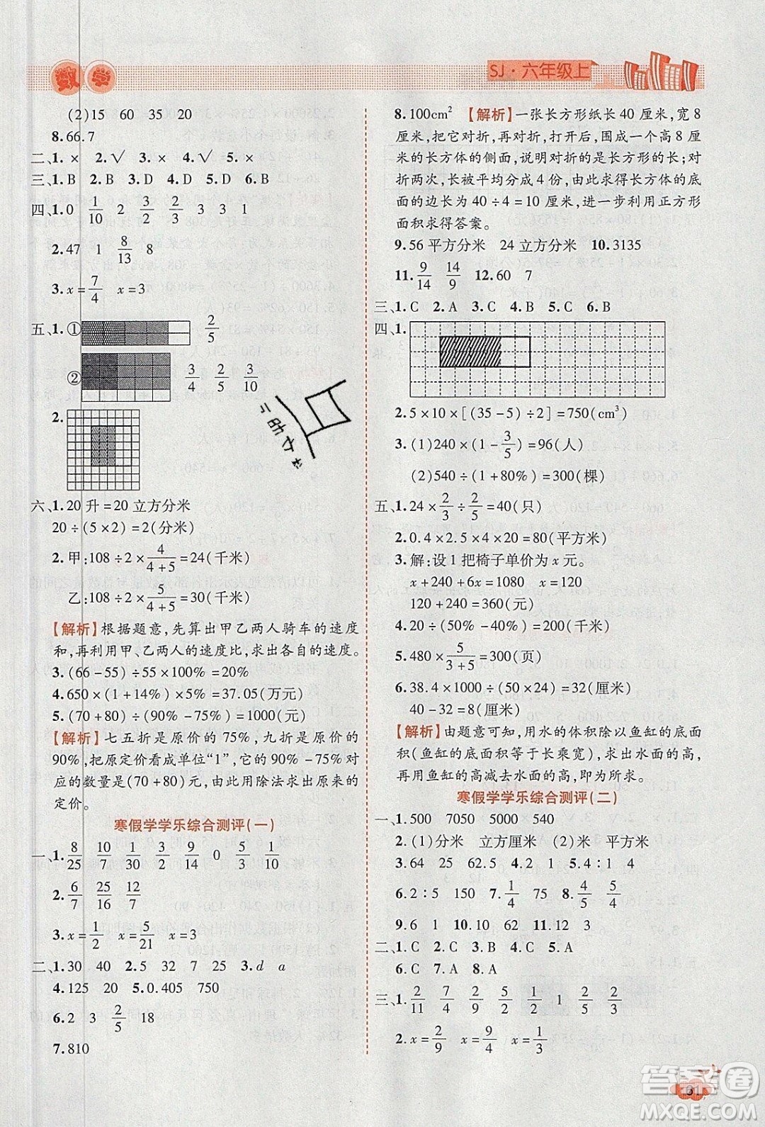 2020年全能測(cè)控寒假開(kāi)心果六年級(jí)數(shù)學(xué)SJ蘇教版參考答案