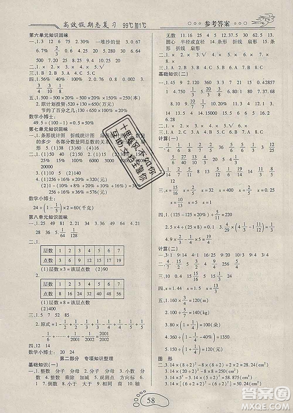2020年本土教輔贏在寒假高效假期總復(fù)習六年級數(shù)學人教版答案