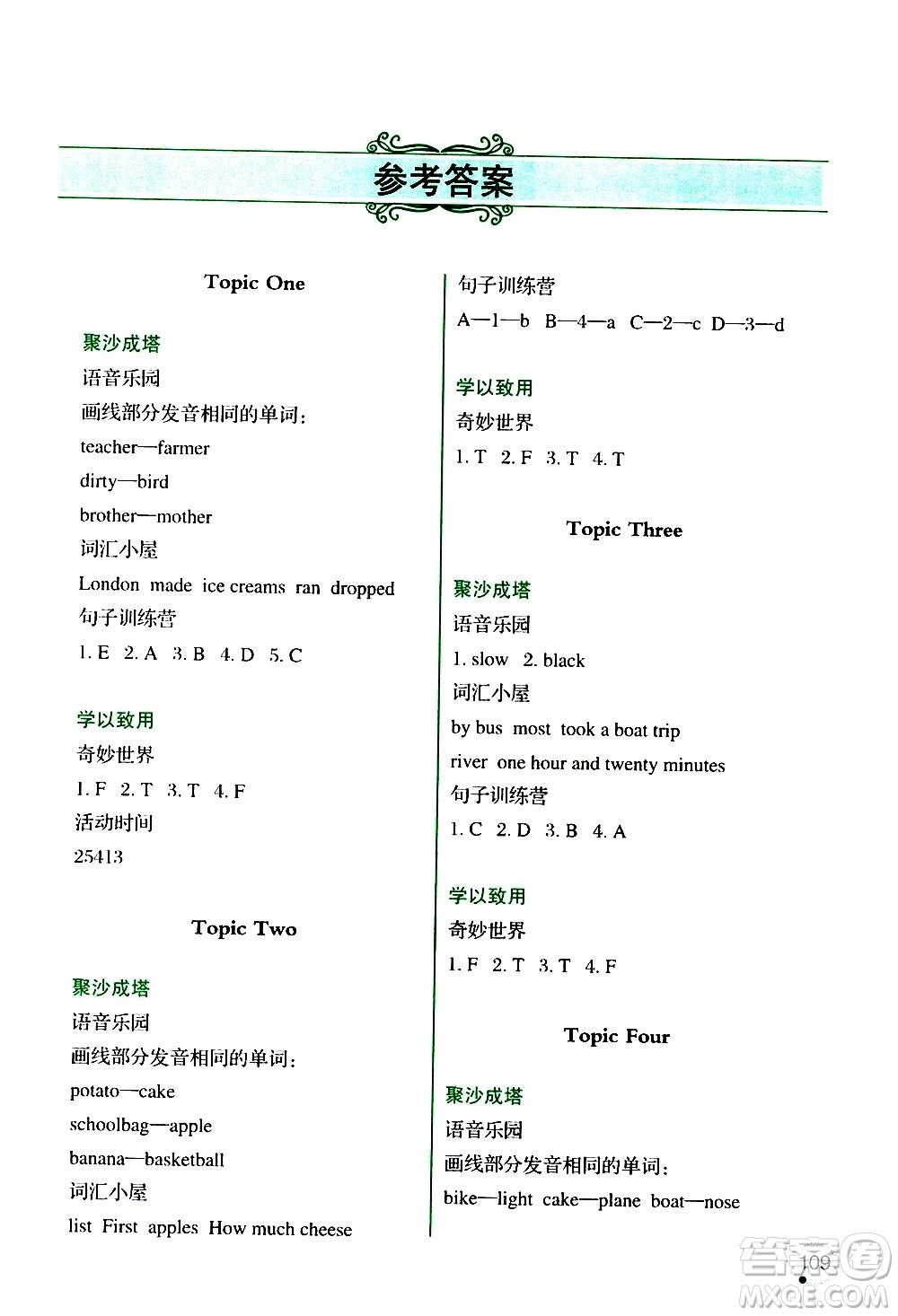 遼寧師范大學(xué)出版社2020年3年級起點(diǎn)寒假樂園五年級英語最新版參考答案