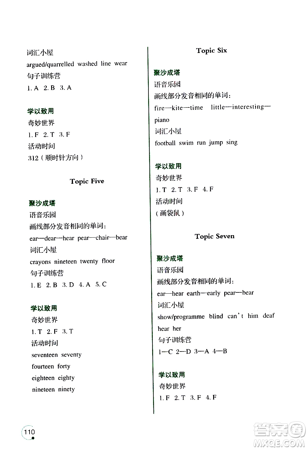 遼寧師范大學(xué)出版社2020年3年級起點(diǎn)寒假樂園五年級英語最新版參考答案