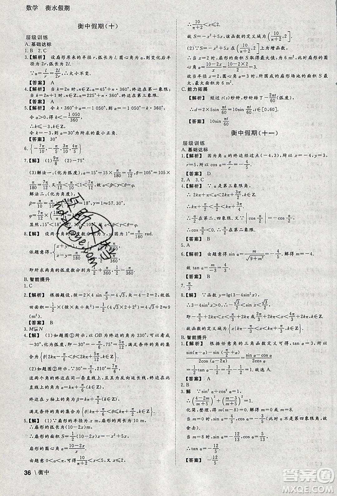 光明日?qǐng)?bào)出版社2020年衡水假期寒假作業(yè)高一數(shù)學(xué)參考答案