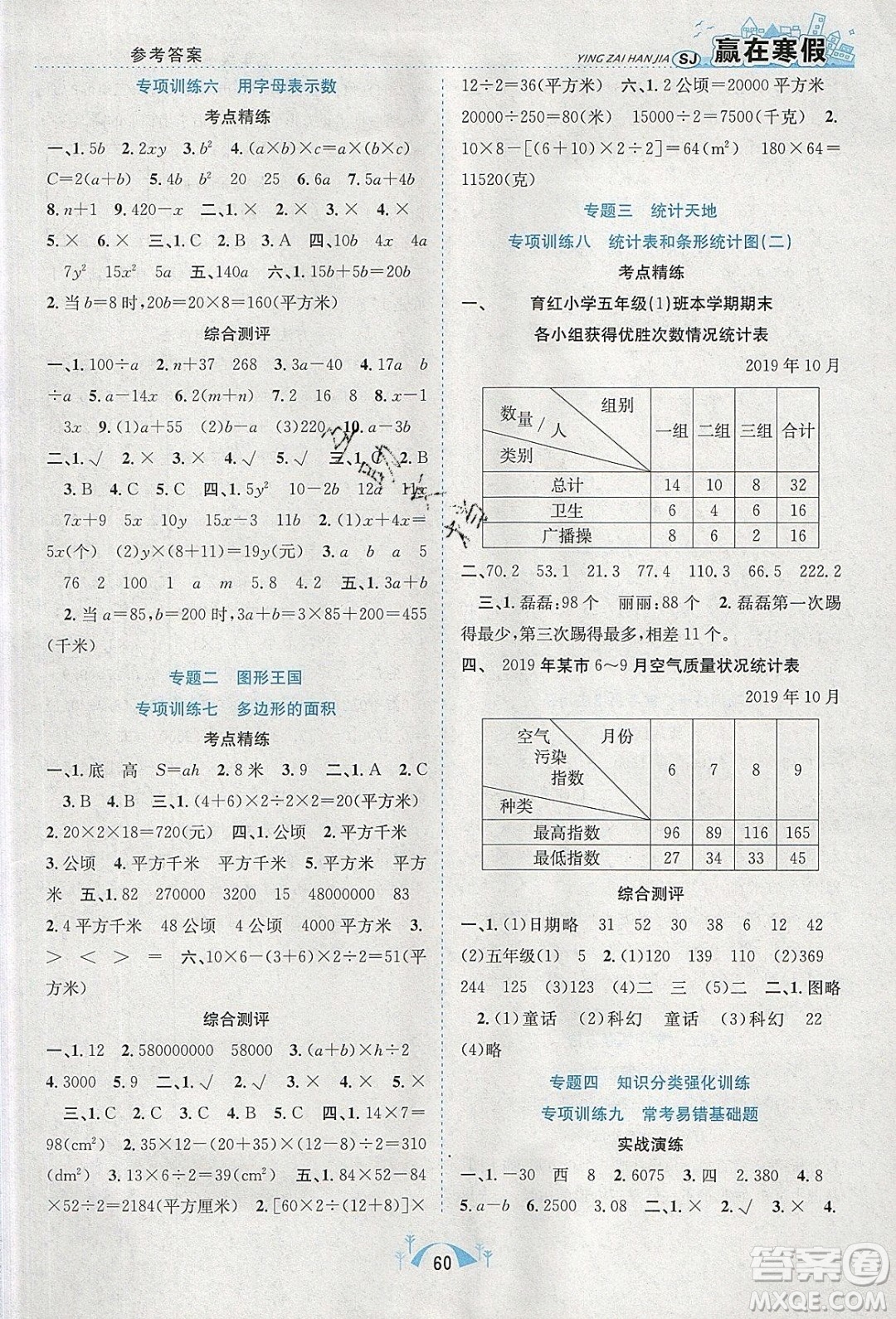 寒假學期總復習2020年贏在寒假期末闖關五年級數學SJ蘇教版參考答案