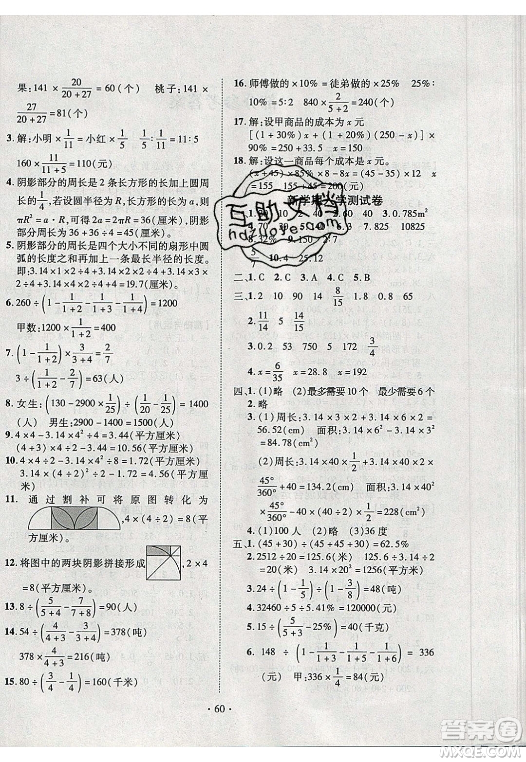 2020年快樂之星假期培優(yōu)寒假六年級(jí)數(shù)學(xué)BS北師版參考答案