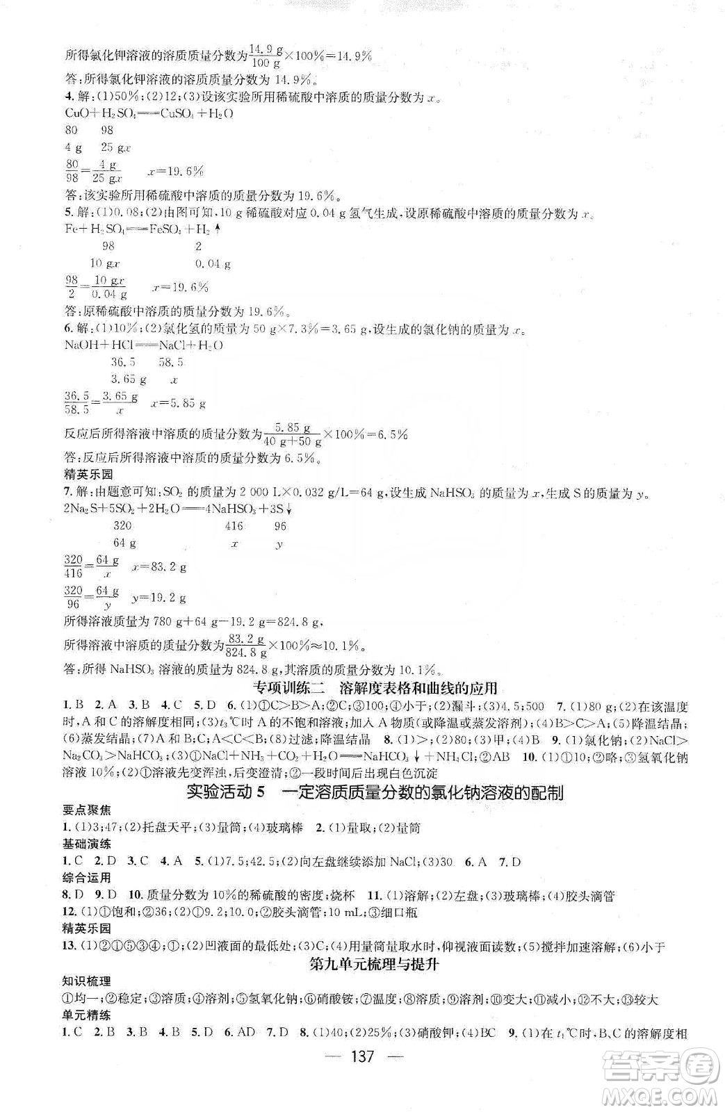 陽光出版社鴻鵠志文化2020精英新課堂九年級(jí)化學(xué)下冊人教版答案