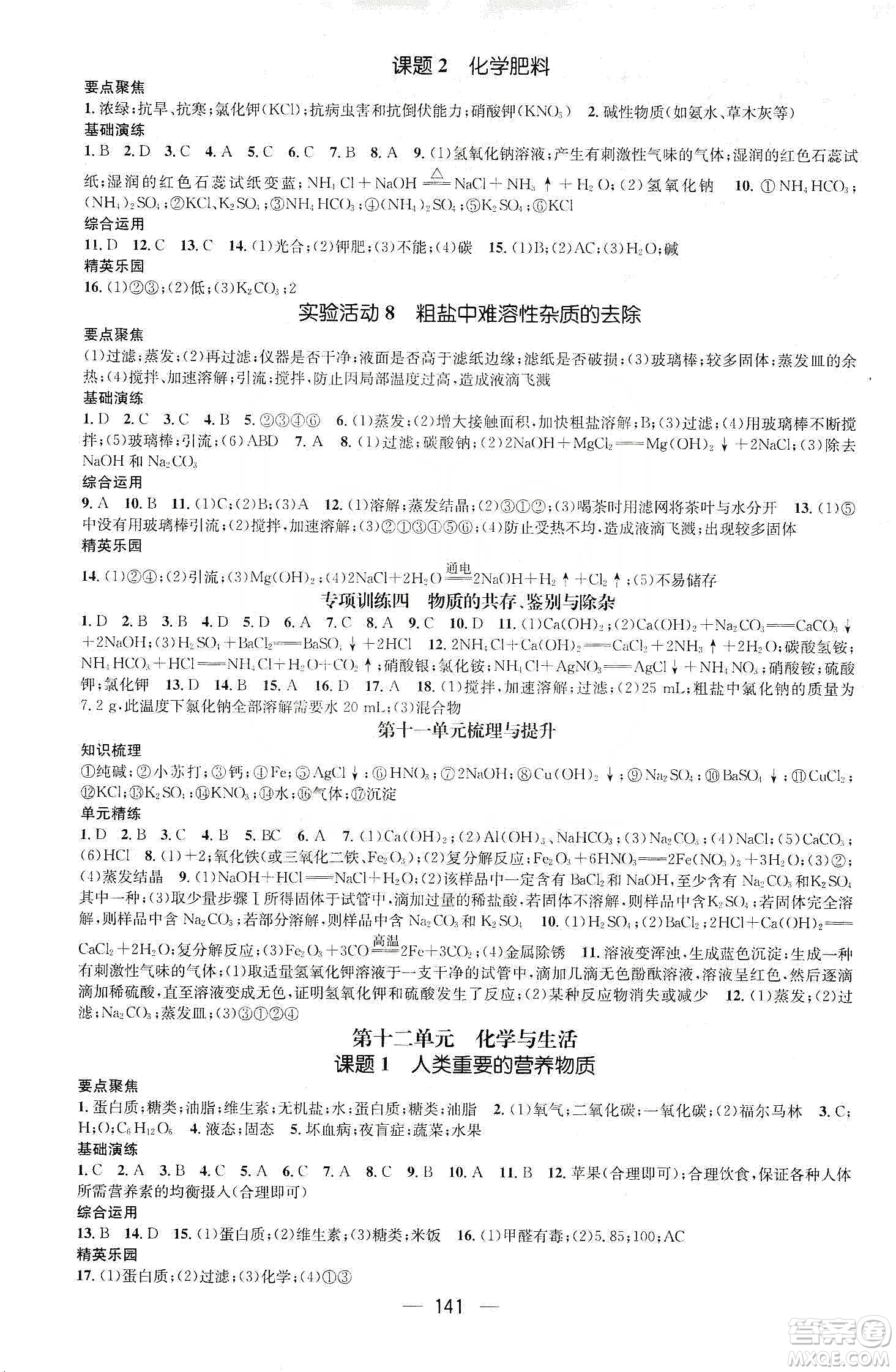 陽光出版社鴻鵠志文化2020精英新課堂九年級(jí)化學(xué)下冊人教版答案