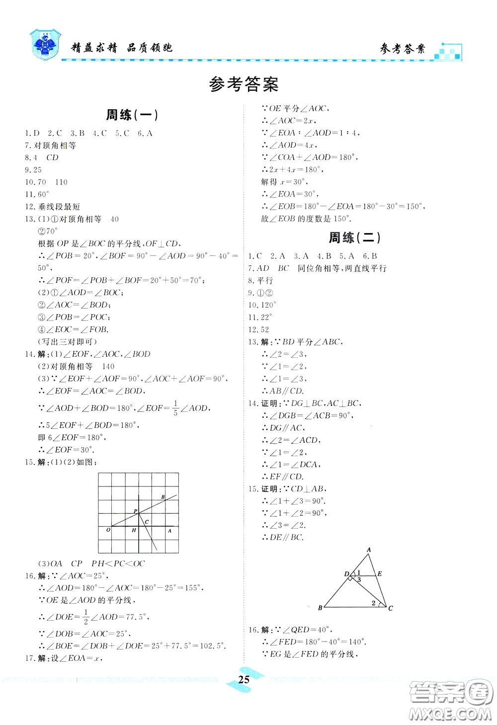 天津人民出版社2020年一飛沖天課時作業(yè)七年級下冊數(shù)學(xué)周練參考答案
