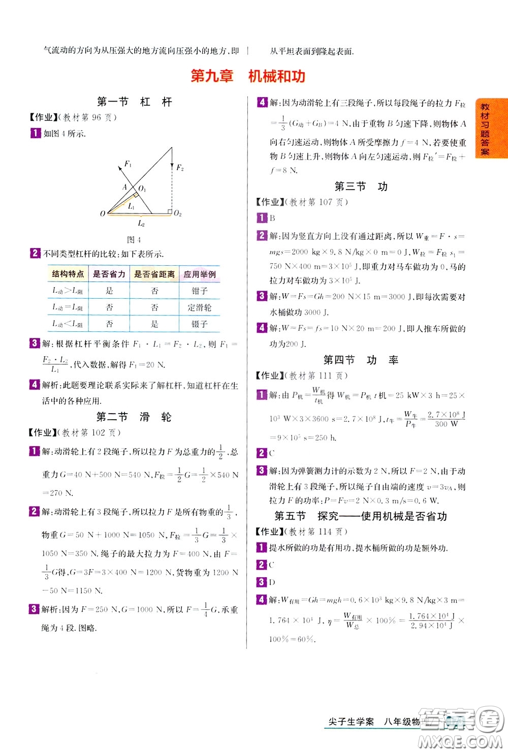 吉林人民出版社2020年尖子生學(xué)案八年級下冊物理新課標(biāo)北師版參考答案