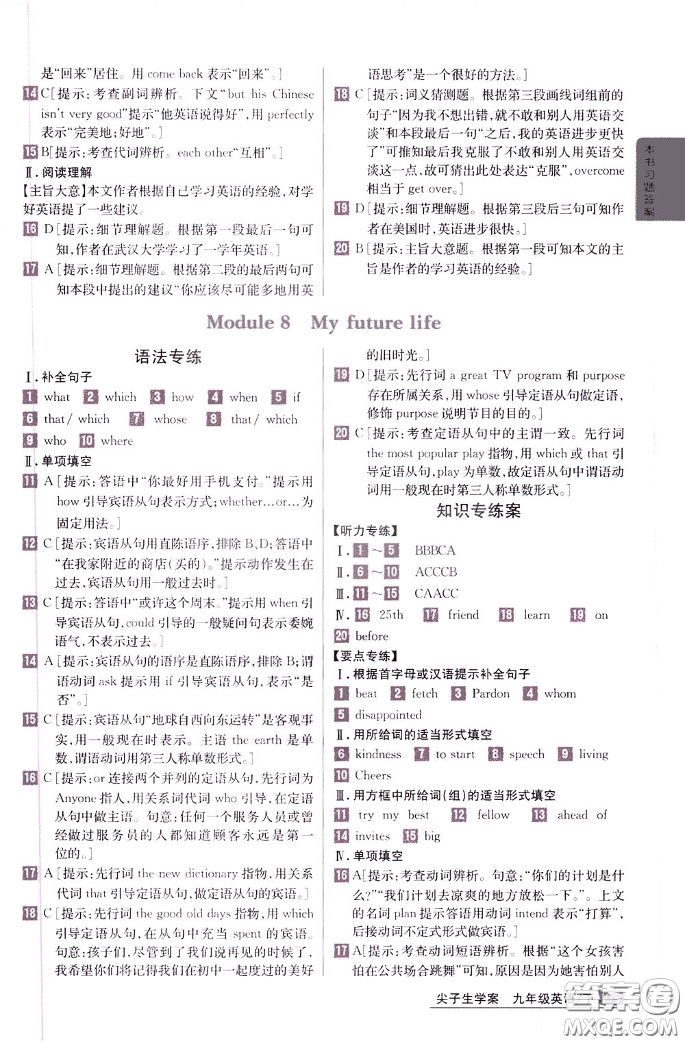 吉林人民出版社2020年尖子生學(xué)案九年級(jí)下冊(cè)英語(yǔ)新課標(biāo)外研版彩繪版參考答案