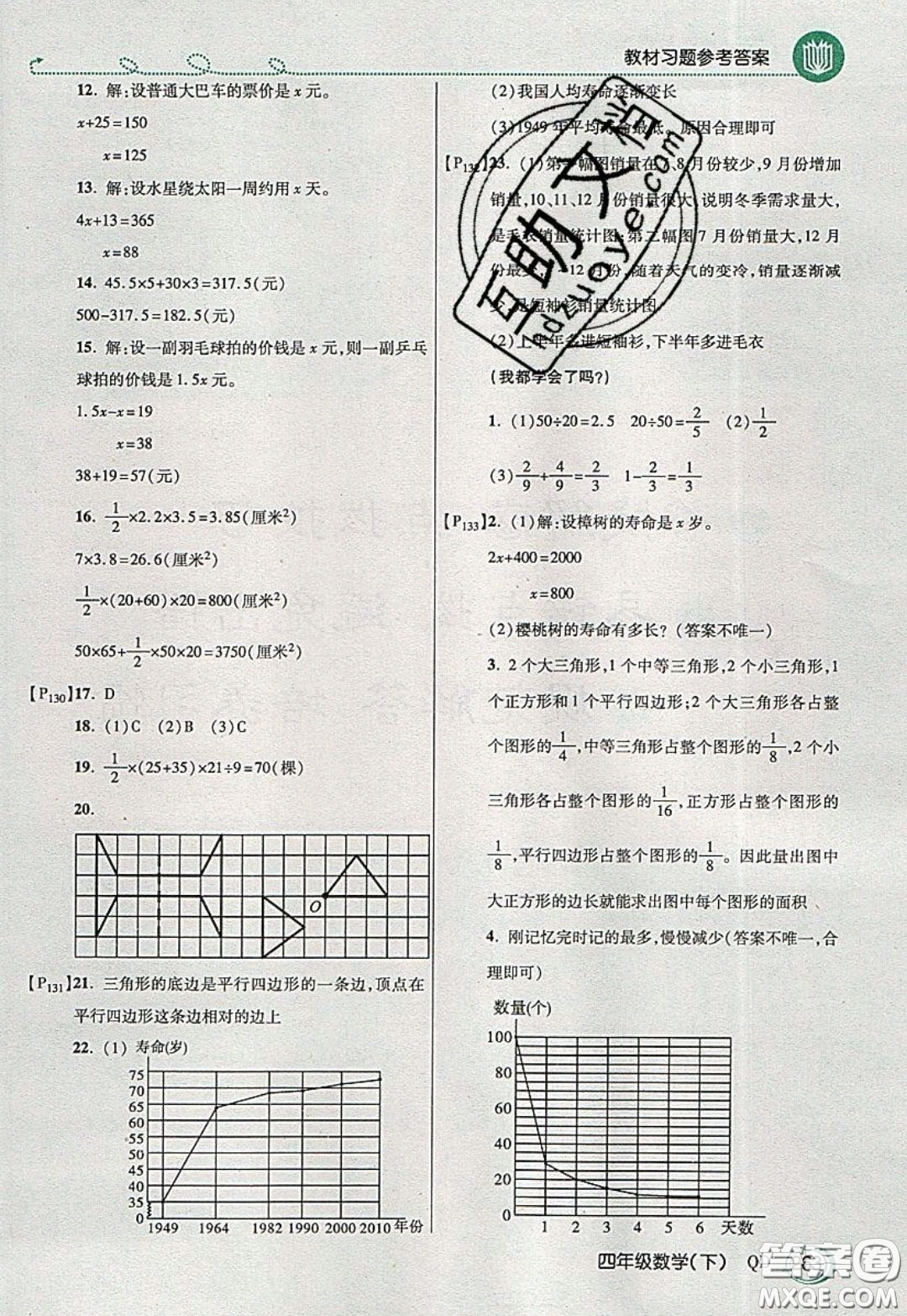 萬向思維2020年倍速學習法教材導學練四年級數學下五四制青島版參考答案