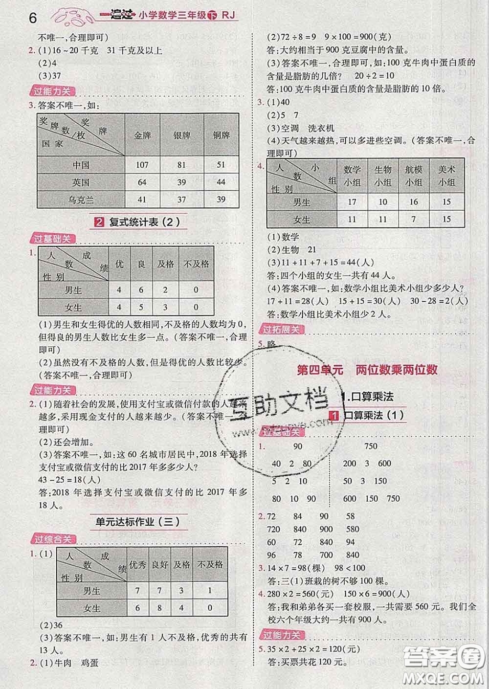 天星教育2020年一遍過(guò)小學(xué)數(shù)學(xué)三年級(jí)下冊(cè)人教版答案