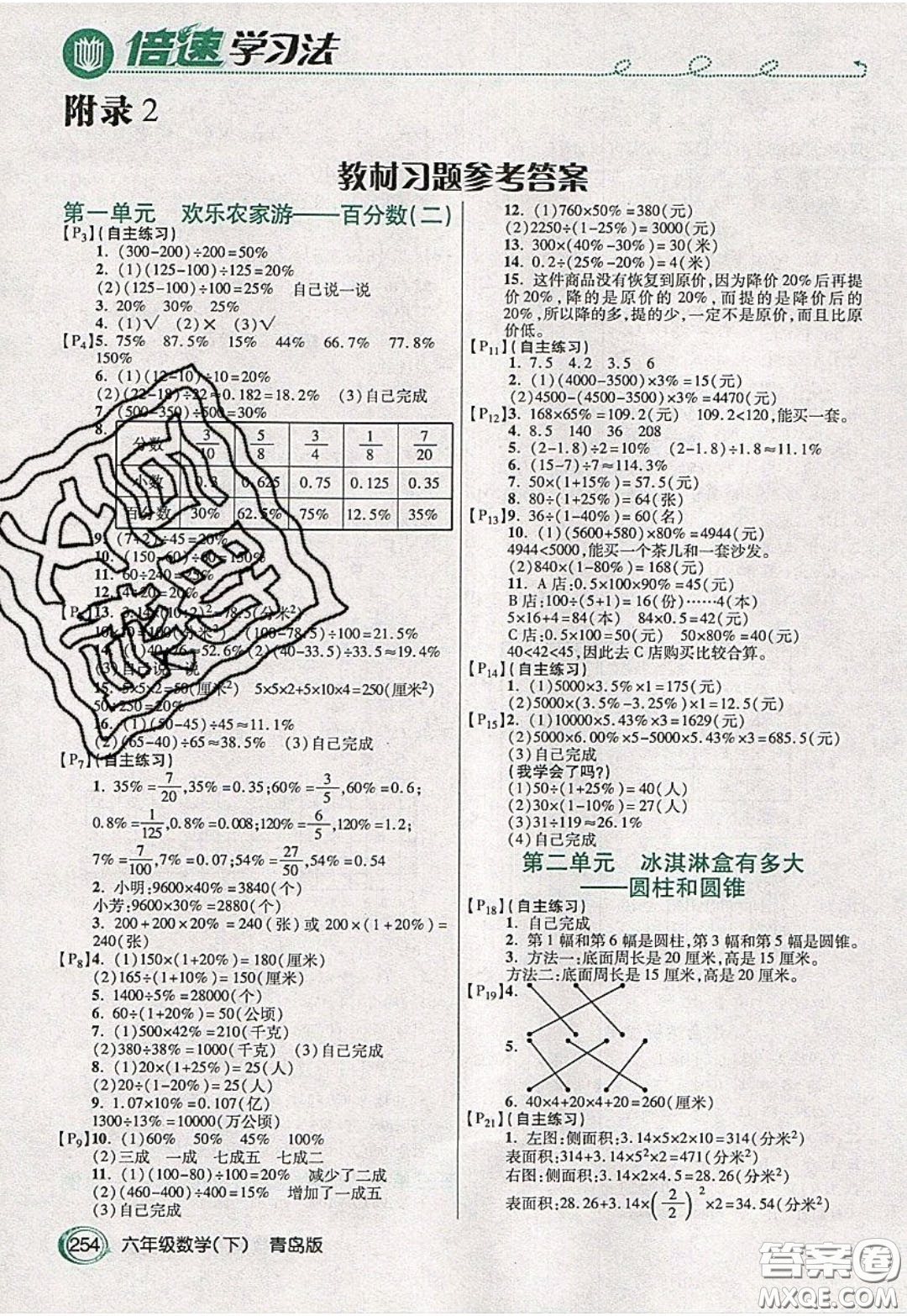 萬向思維2020年倍速學(xué)習(xí)法教材導(dǎo)學(xué)練六年級數(shù)學(xué)下青島版參考答案
