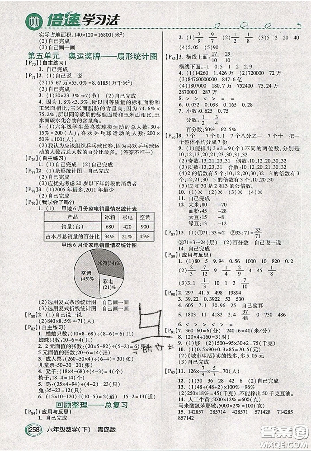 萬向思維2020年倍速學(xué)習(xí)法教材導(dǎo)學(xué)練六年級數(shù)學(xué)下青島版參考答案