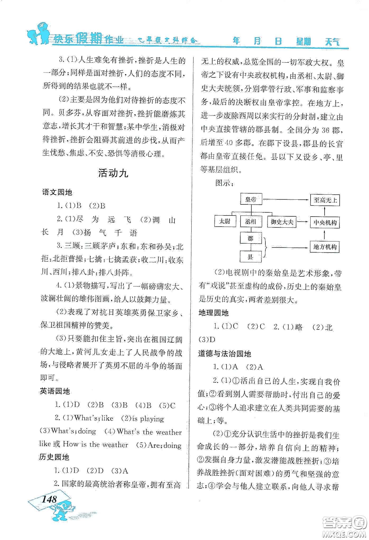 云南科技出版社2020創(chuàng)新成功學(xué)習(xí)快樂寒假七年級文科綜合答案