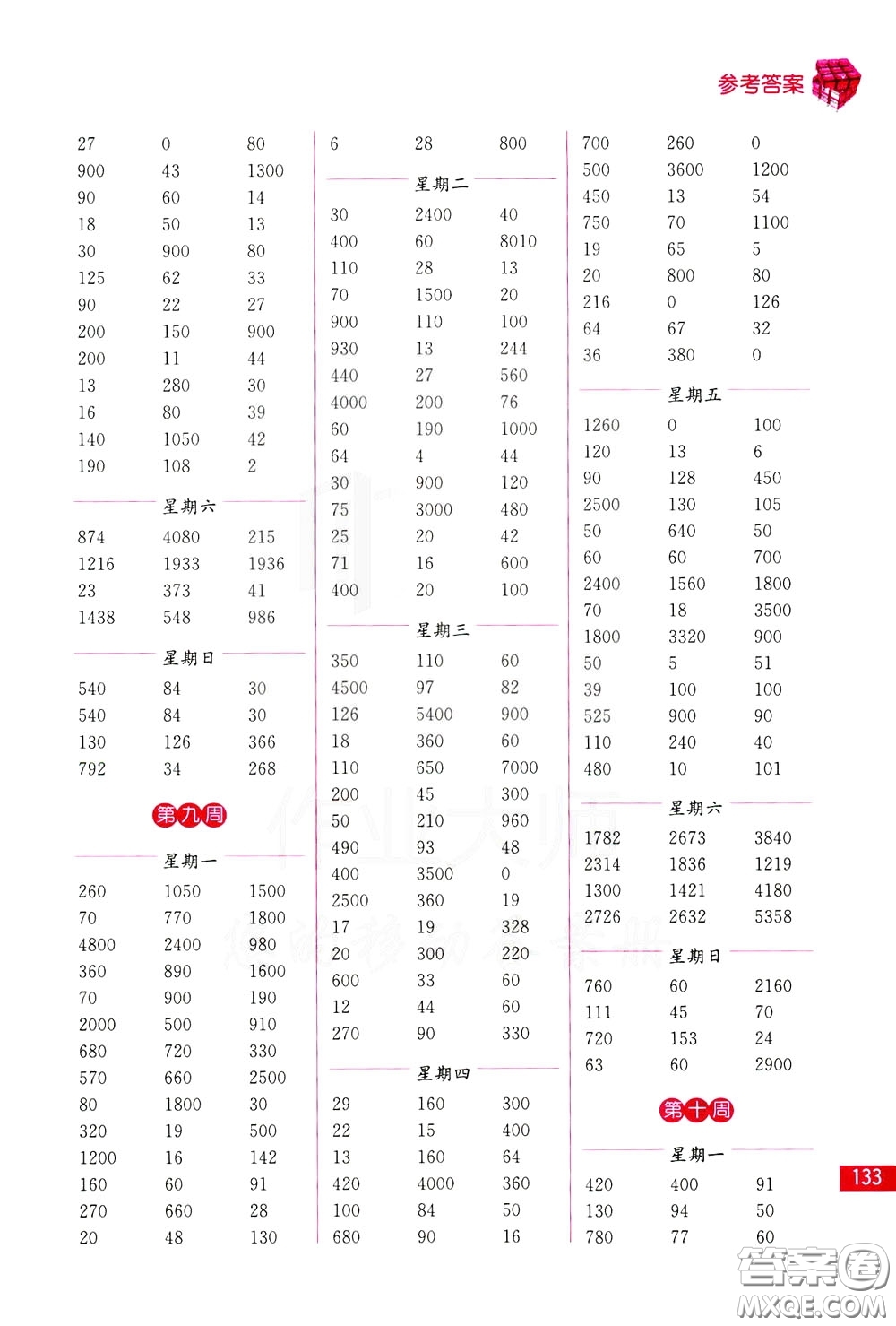 名師點(diǎn)撥2020年口算練習(xí)冊三年級下參考答案