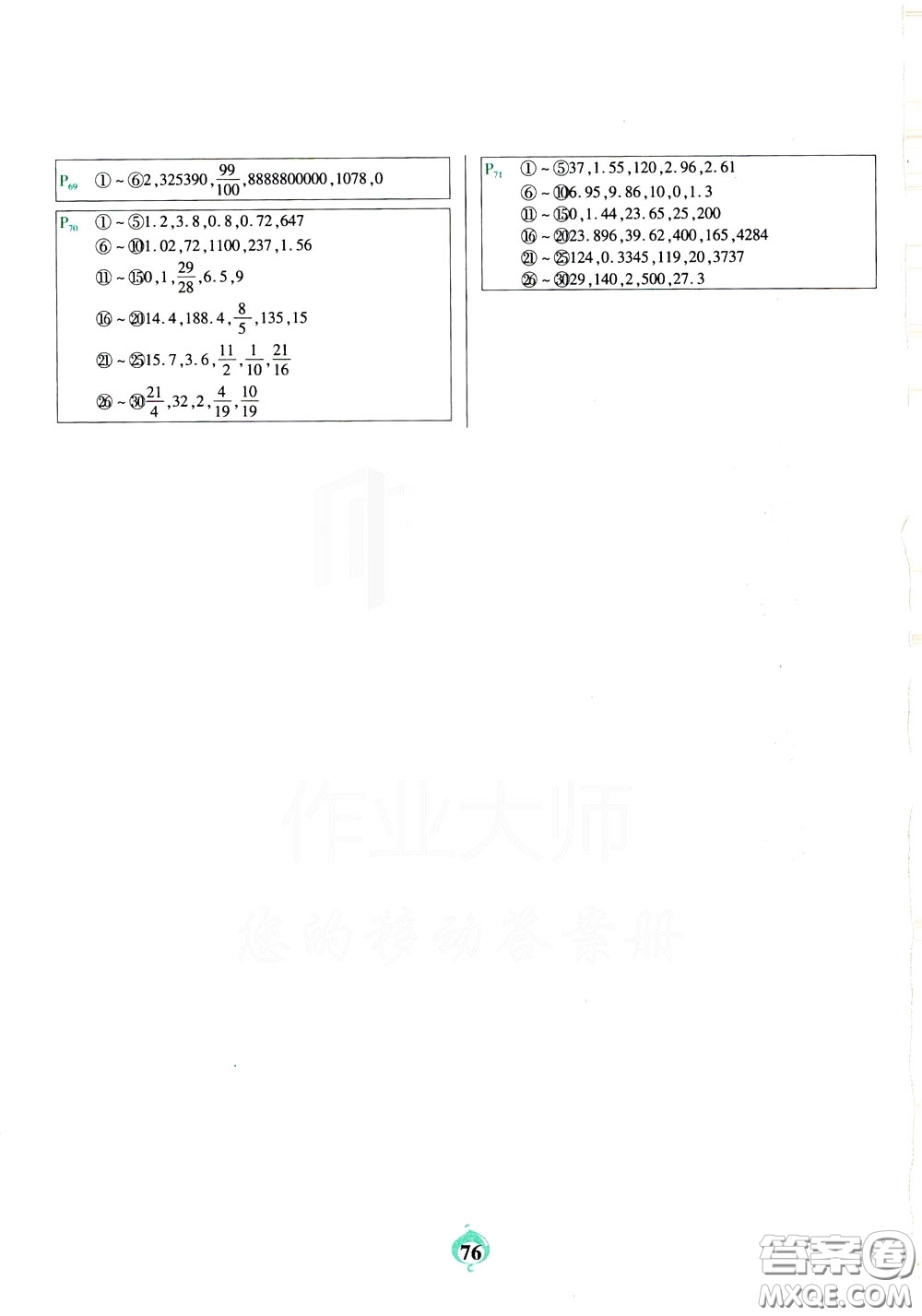 2020年計(jì)算小能手口算題卡六年級(jí)下BS北師版參考答案