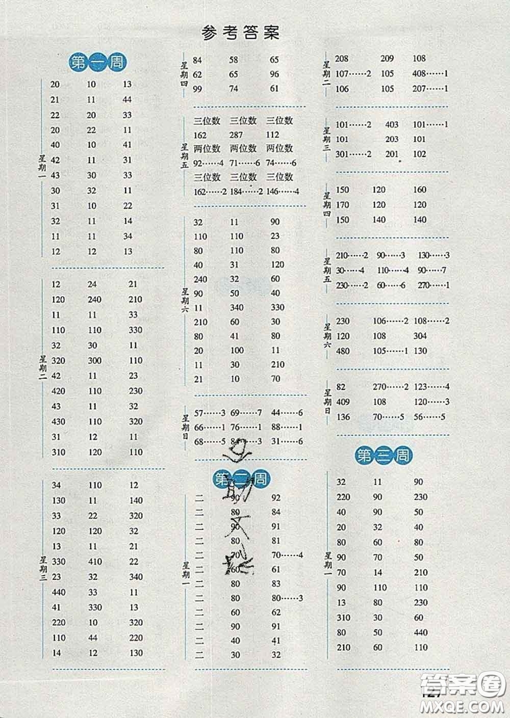 2020年經(jīng)綸學(xué)典口算達(dá)人三年級(jí)數(shù)學(xué)下冊(cè)青島版答案