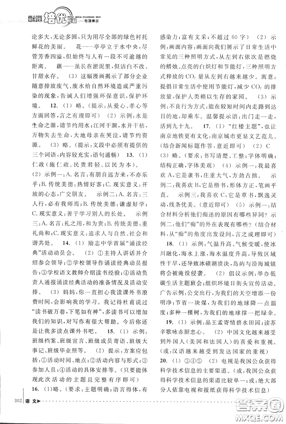 南方出版社2020年尖子生培優(yōu)教材專項集訓語文初中綜合版參考答案