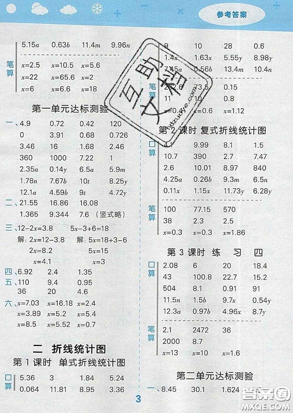 小兒郎2020年口算大通關五年級數(shù)學下冊蘇教版答案