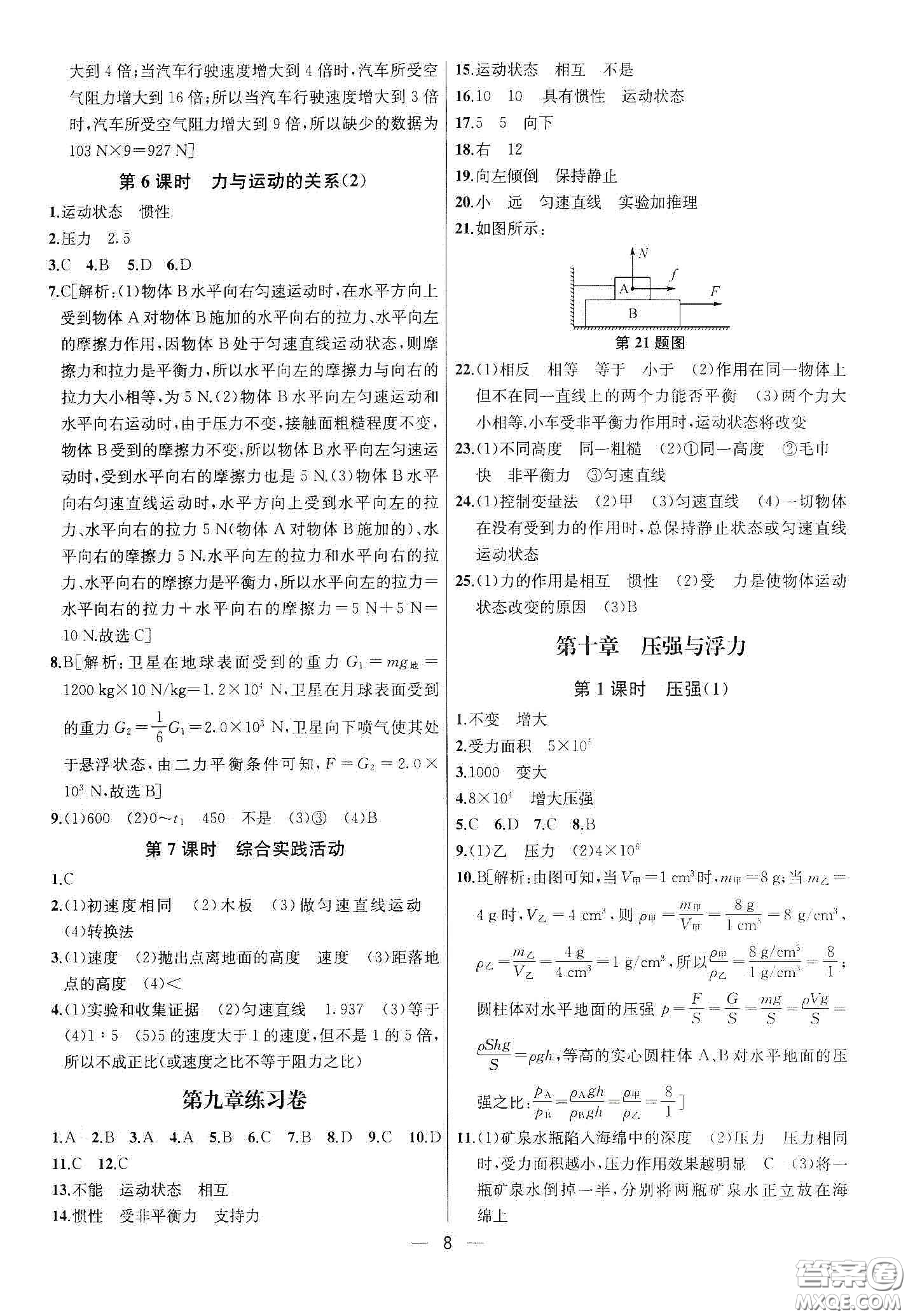 南京大學(xué)出版社2020提優(yōu)訓(xùn)練課課練八年級(jí)物理下冊(cè)課標(biāo)江蘇版答
