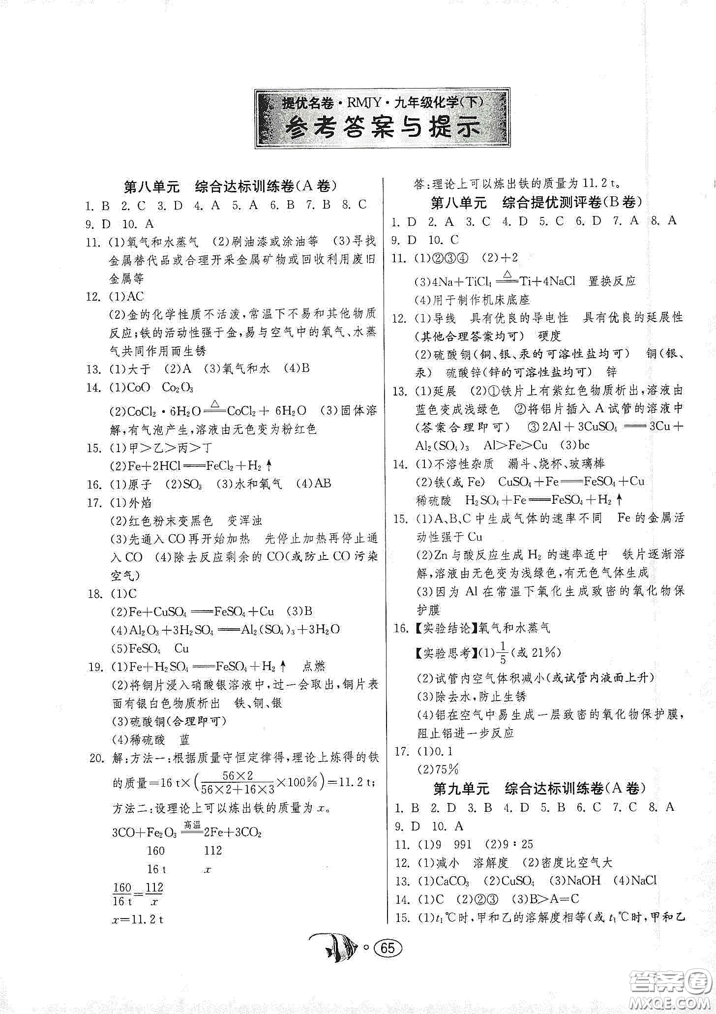 春雨教育2020名牌牛皮卷提優(yōu)名卷九年級化學(xué)下冊人民教育版答案
