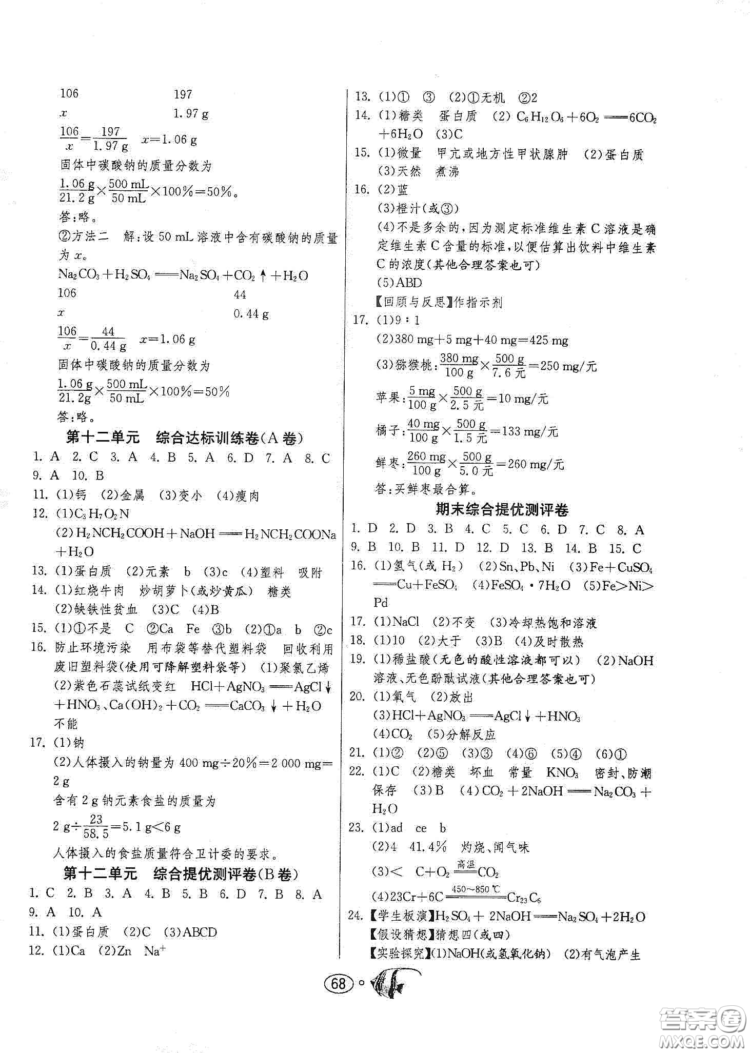 春雨教育2020名牌牛皮卷提優(yōu)名卷九年級化學(xué)下冊人民教育版答案