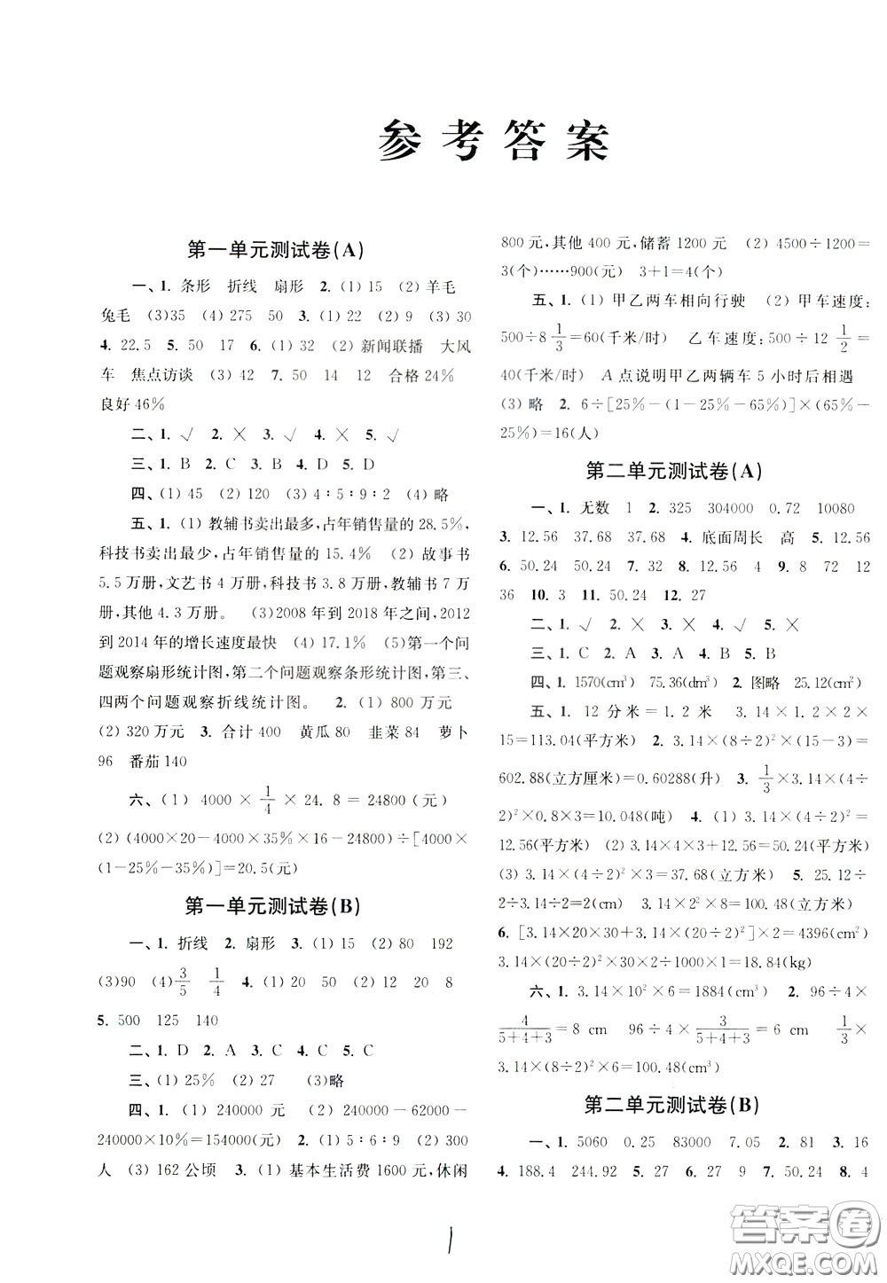 2020年名師點撥培優(yōu)密卷數(shù)學六年級下江蘇版參考答案
