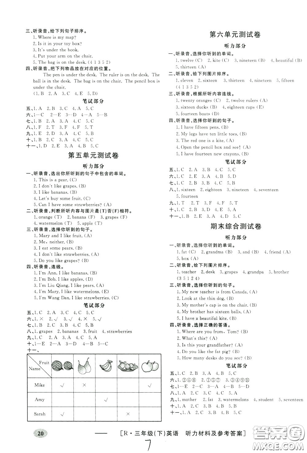 鐘書金牌2020年非常1+1一課一練三年級下冊英語RPEP版人教版參考答案