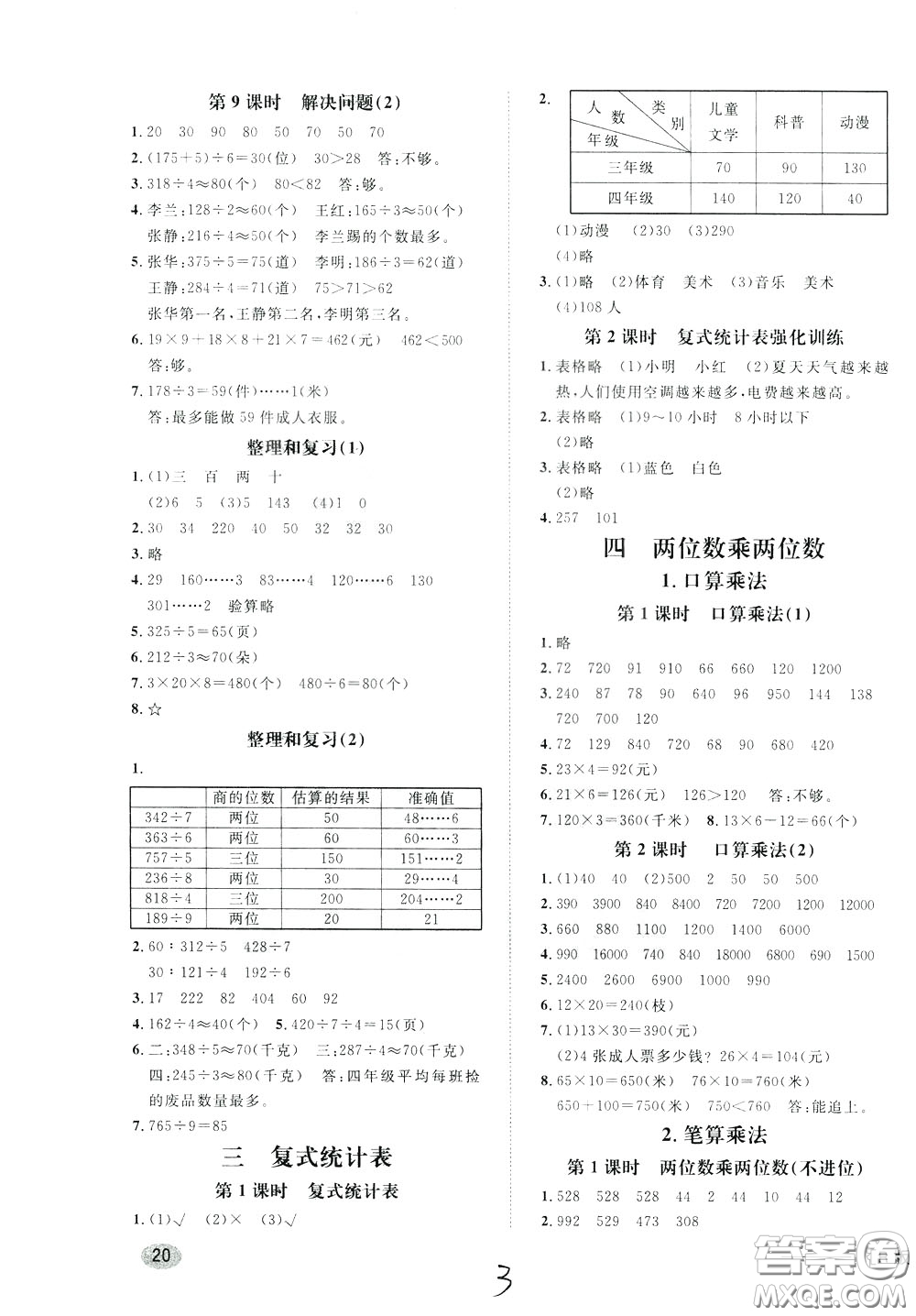 鐘書(shū)金牌2020年非常1+1一課一練三年級(jí)下冊(cè)數(shù)學(xué)R版人教版參考答案