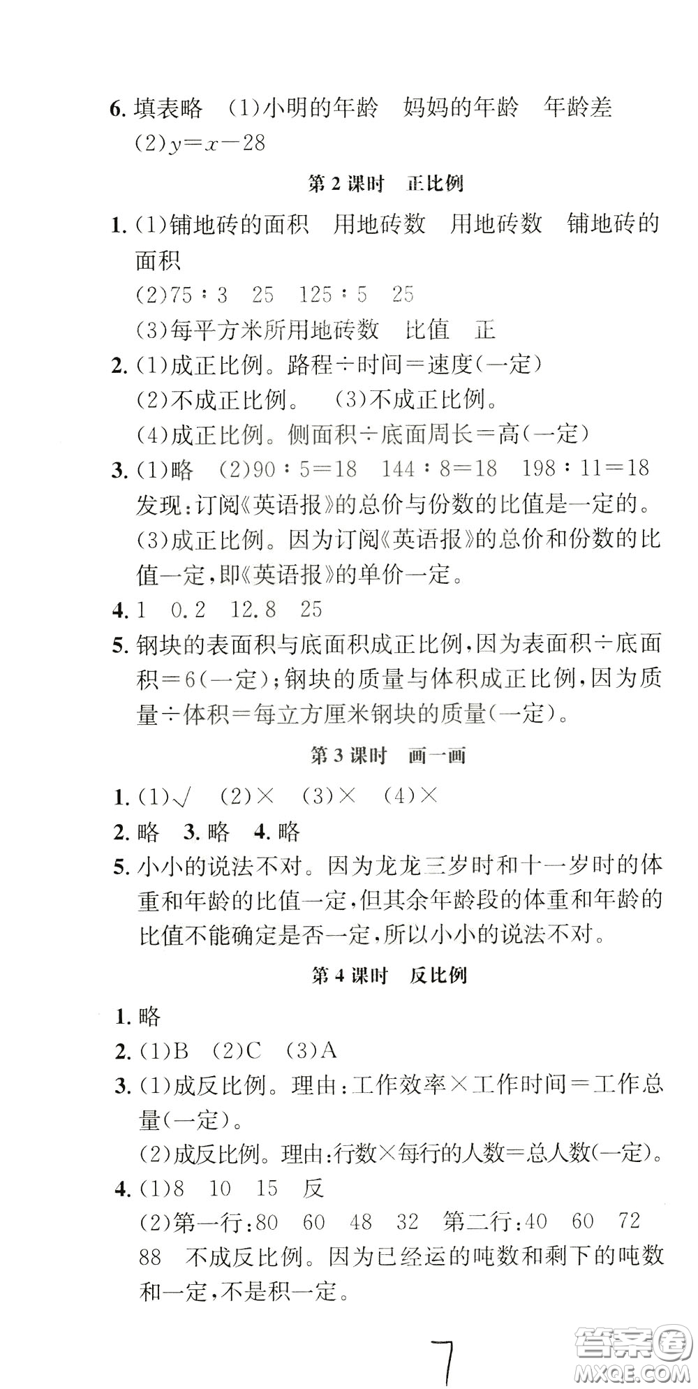 鐘書金牌2020年非常1+1一課一練六年級(jí)下冊(cè)數(shù)學(xué)BS版北師大版參考答案