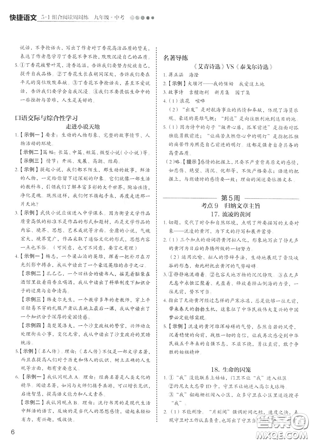2020年快捷語文5+1組合閱讀活頁版周周練九年級中考參考答案