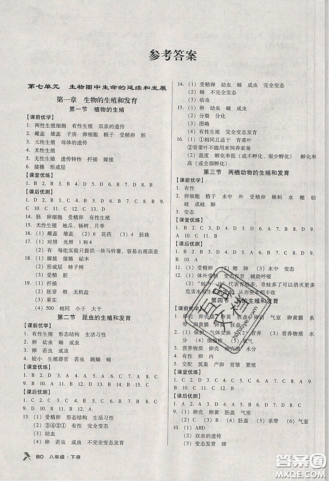 遼海出版社2020全優(yōu)點(diǎn)練課計(jì)劃八年級(jí)生物下冊(cè)人教版答案