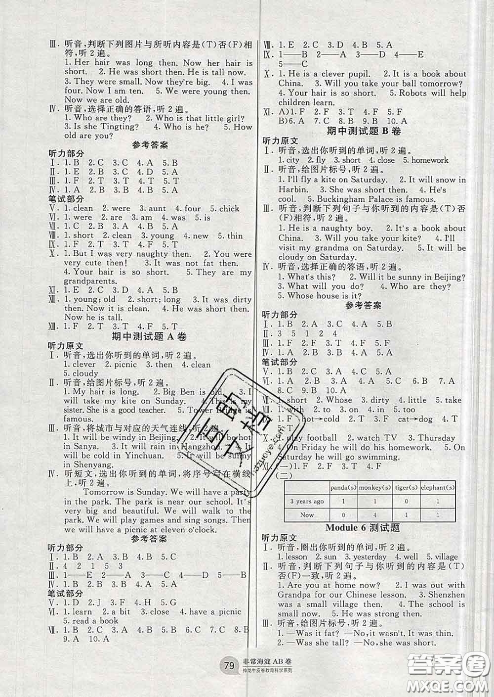 2020年非常海淀單元測(cè)試AB卷四年級(jí)英語下冊(cè)外研版三起答案