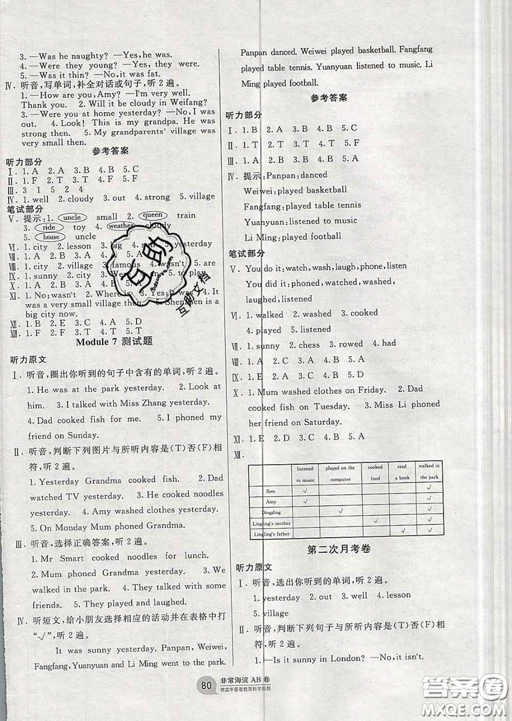 2020年非常海淀單元測(cè)試AB卷四年級(jí)英語下冊(cè)外研版三起答案