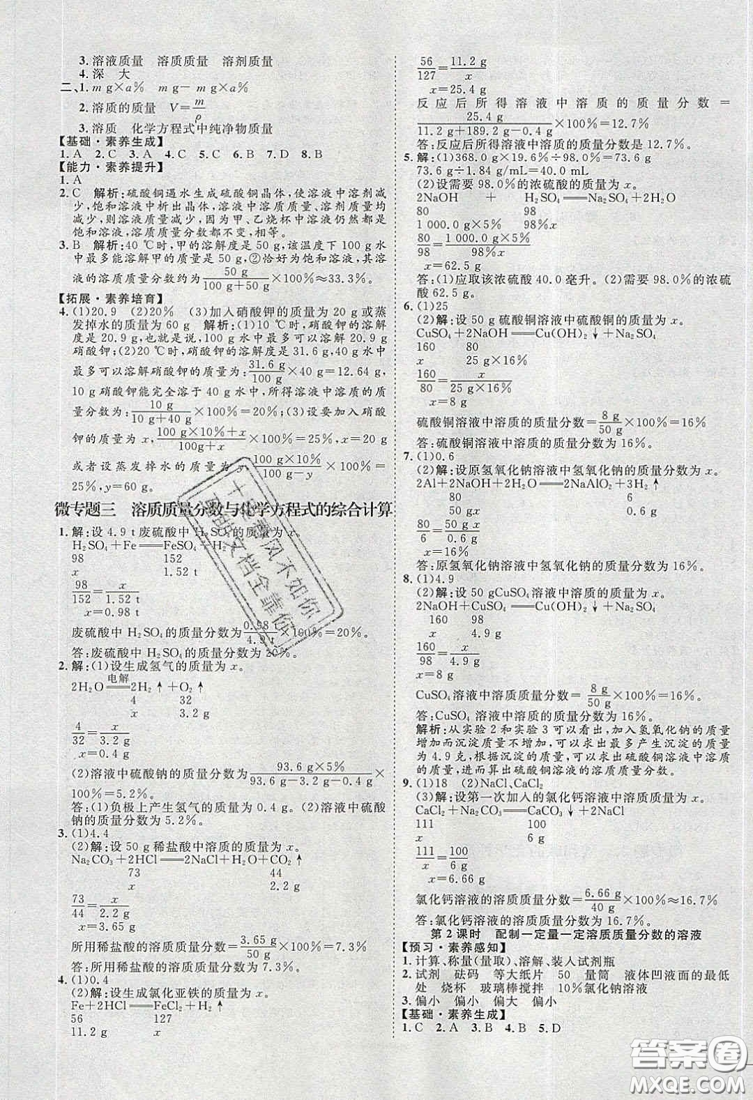 2020春優(yōu)加學案課時通九年級化學下冊Y版答案