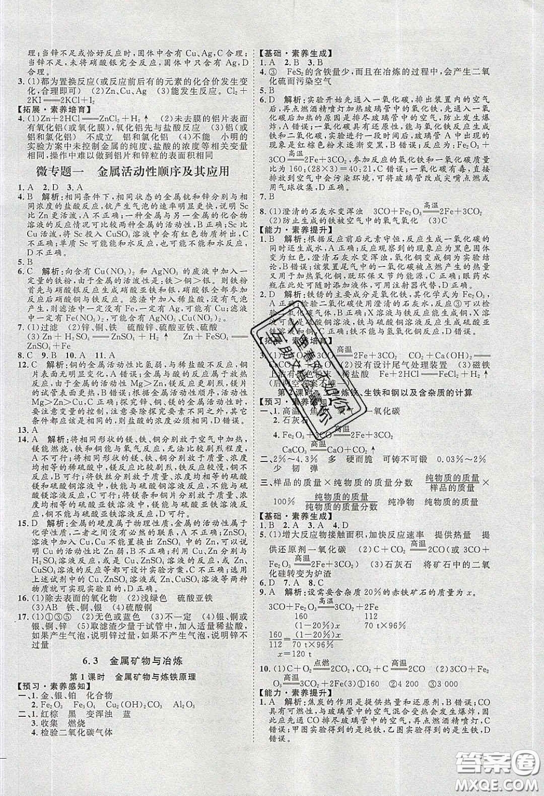 2020春優(yōu)加學案課時通九年級化學下冊Y版答案