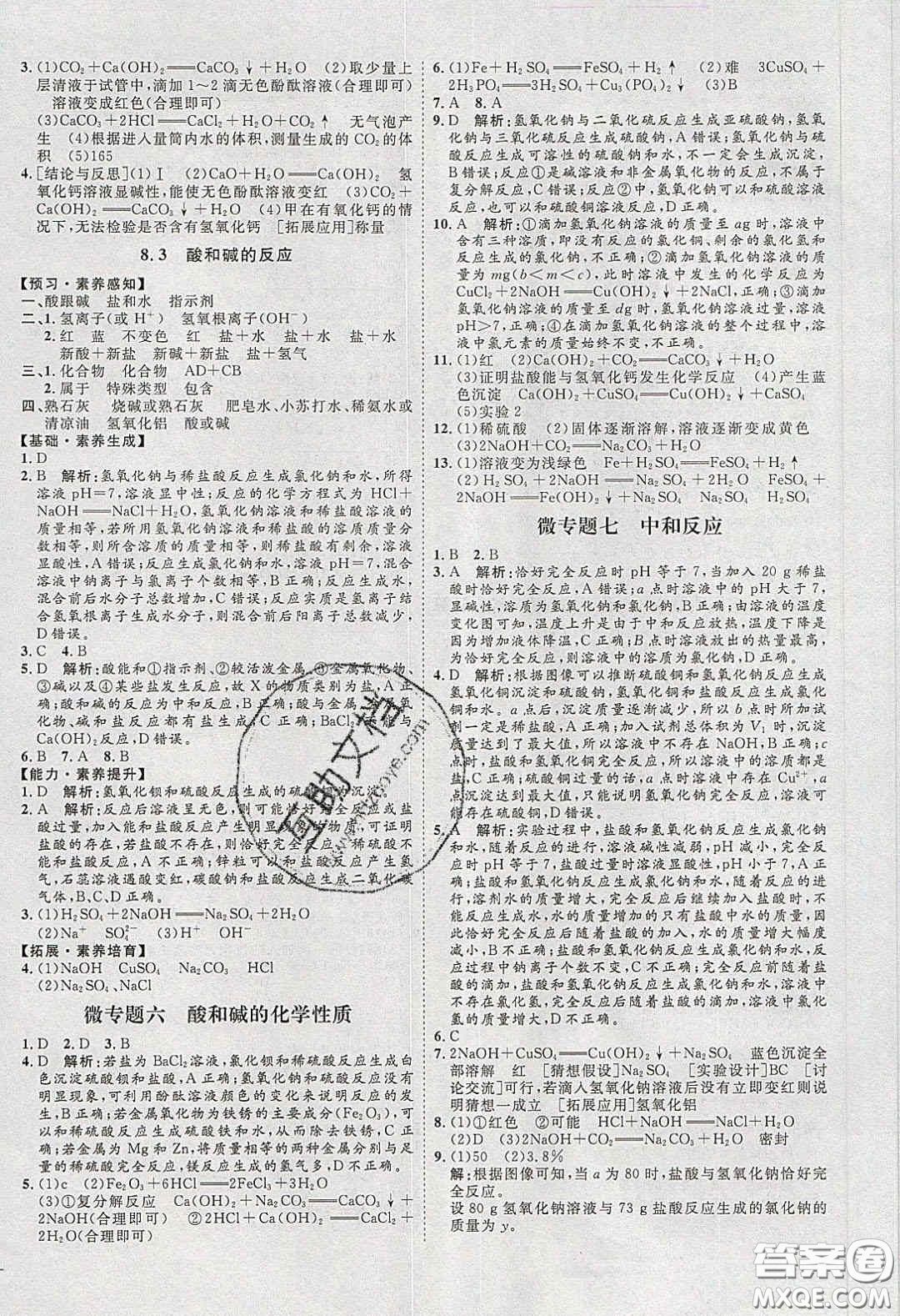 2020春優(yōu)加學案課時通九年級化學下冊Y版答案