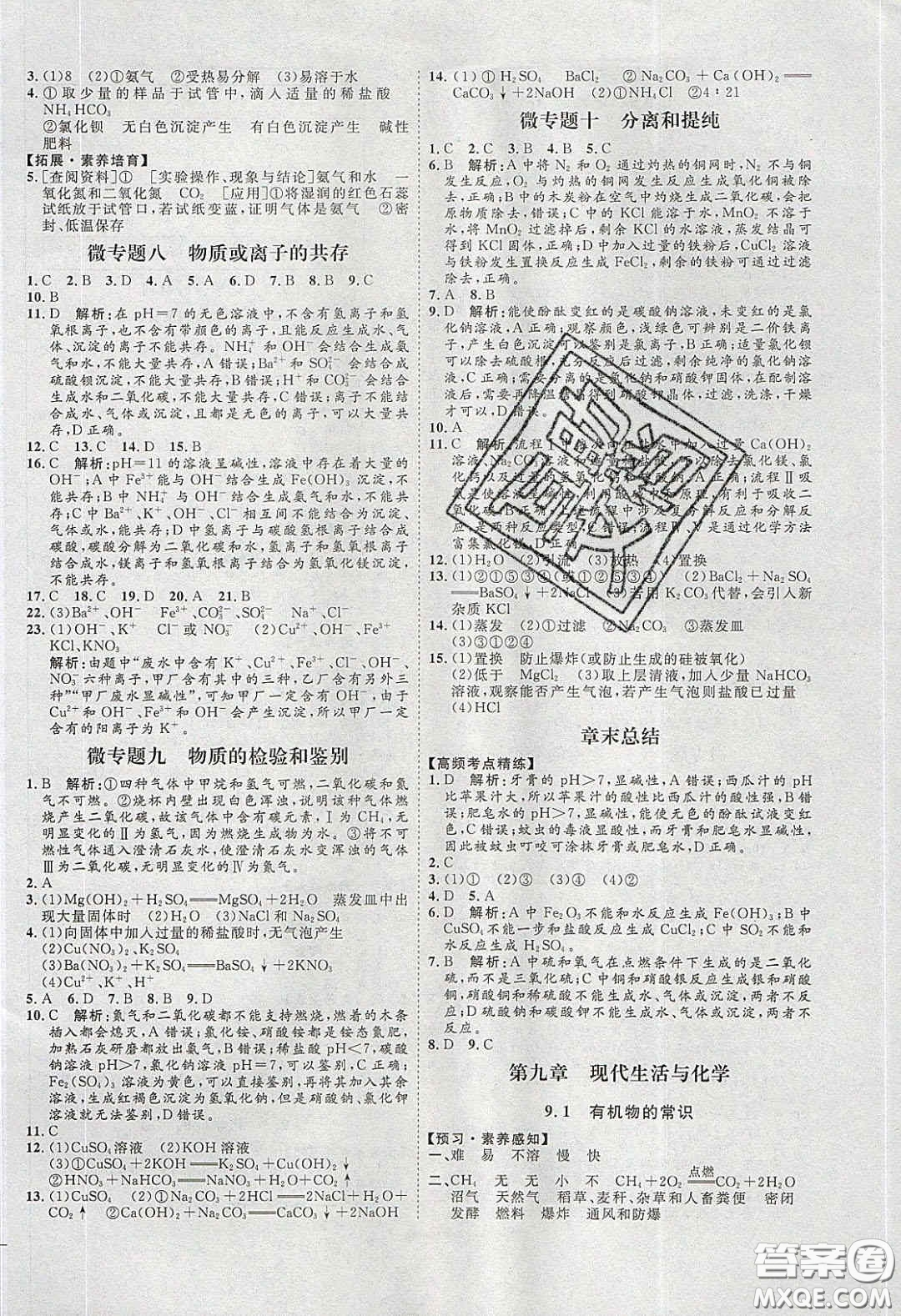 2020春優(yōu)加學案課時通九年級化學下冊Y版答案