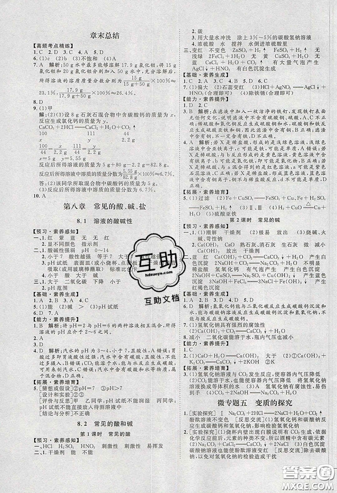 2020春優(yōu)加學案課時通九年級化學下冊Y版答案