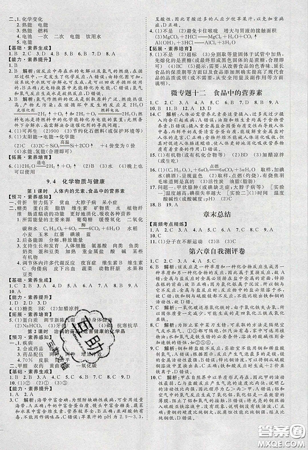 2020春優(yōu)加學案課時通九年級化學下冊Y版答案