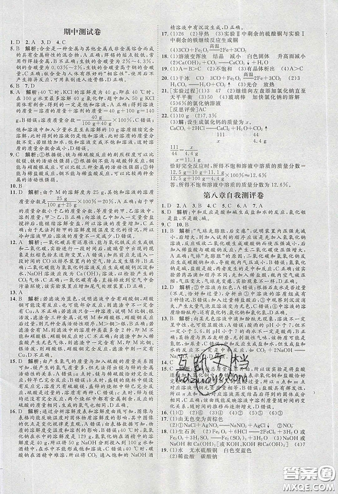 2020春優(yōu)加學案課時通九年級化學下冊Y版答案