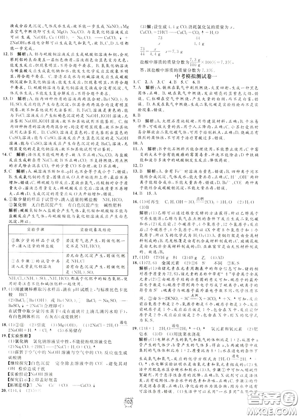 上海大學(xué)出版社2020年過關(guān)沖刺100分化學(xué)九年級(jí)下冊R版人教版參考答案