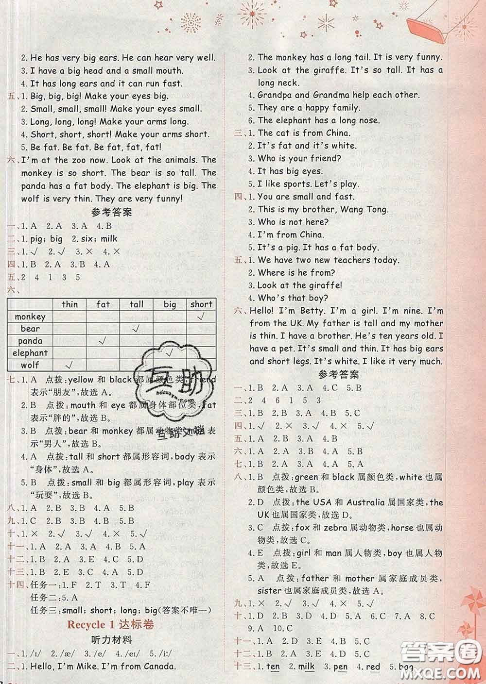 2020年黃岡小狀元達(dá)標(biāo)卷三年級(jí)英語下冊(cè)人教版廣東專版答案