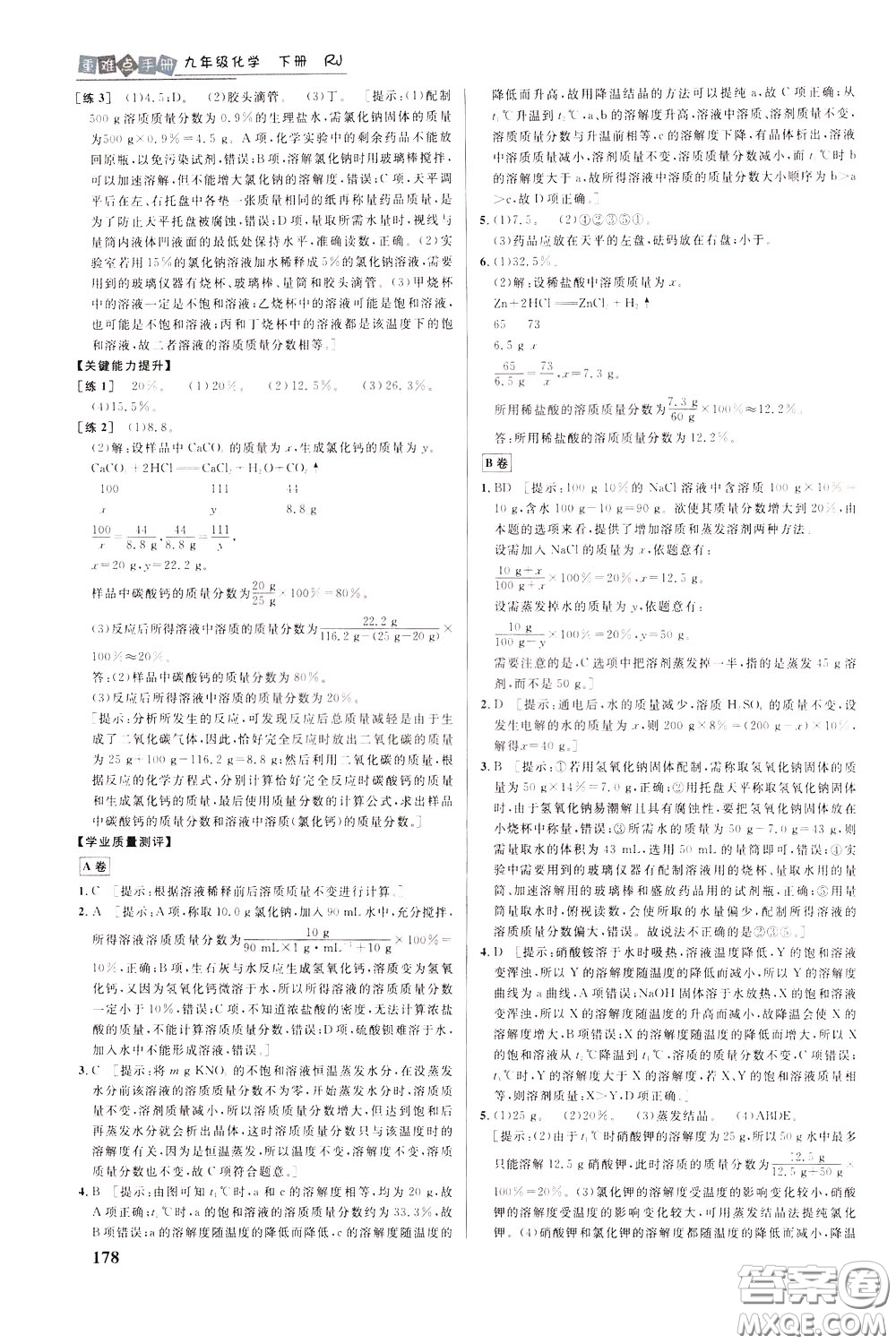華中師范大學(xué)出版社2020年重難點(diǎn)手冊九年級化學(xué)下冊RJ人教版參考答案