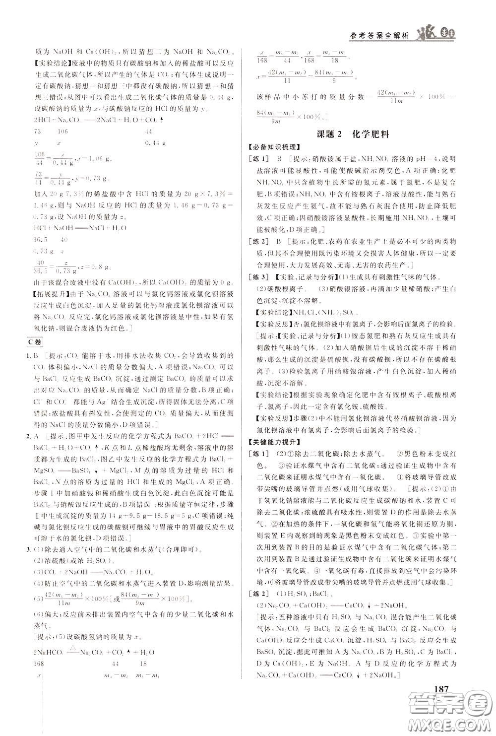 華中師范大學(xué)出版社2020年重難點(diǎn)手冊九年級化學(xué)下冊RJ人教版參考答案