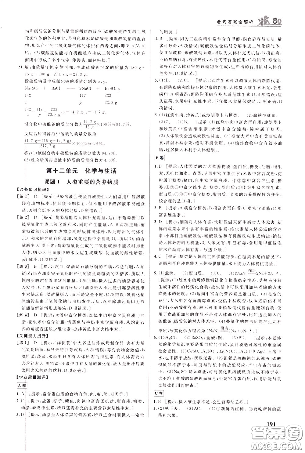 華中師范大學(xué)出版社2020年重難點(diǎn)手冊九年級化學(xué)下冊RJ人教版參考答案