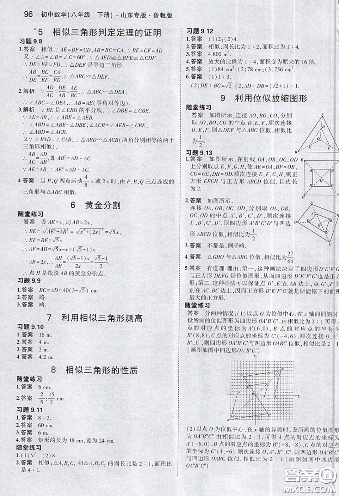 山東教育出版社2020義務(wù)教育教科書八年級數(shù)學(xué)下冊魯教版教材課后習(xí)題答案